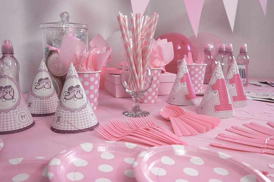 white, pink, party hat, set, white party, party favors, the adoption of, party, event, dining table