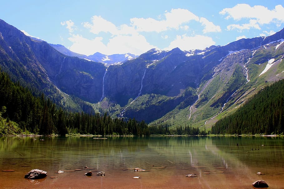 mountain range, clear, sky, avalanche lake, landscape, reflection, scenic, mountains, skyline, peak