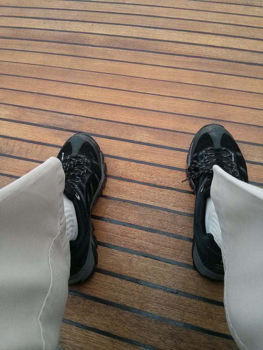 boat deck, deck, wood, wooden, decking, shoes, legs, feet, shoe, high angle view