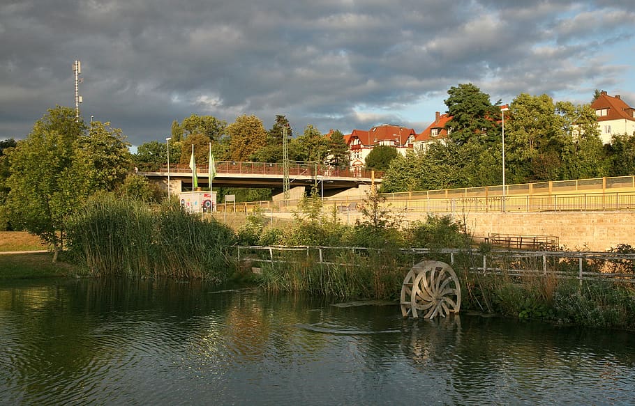 erfurt, south, kress park, watercress, cress, photo driesel, railway bridge, waterwheel, erfurt photographer, water