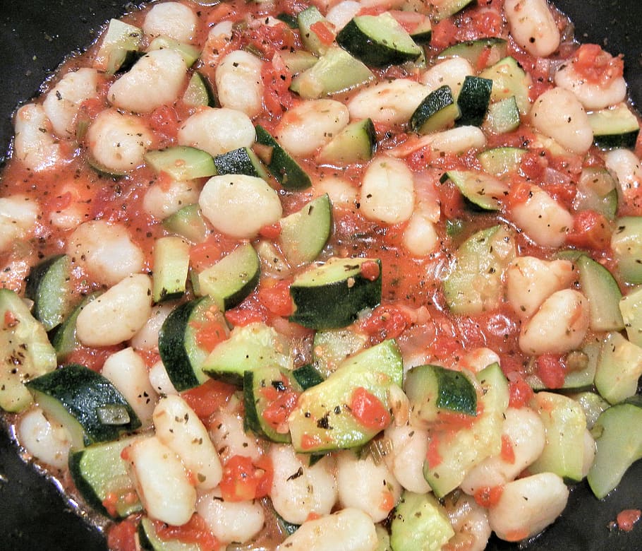 gnocchi, tomatoes, zucchini, buffalo mozzarella, food, food and drink, healthy eating, freshness, vegetable, wellbeing