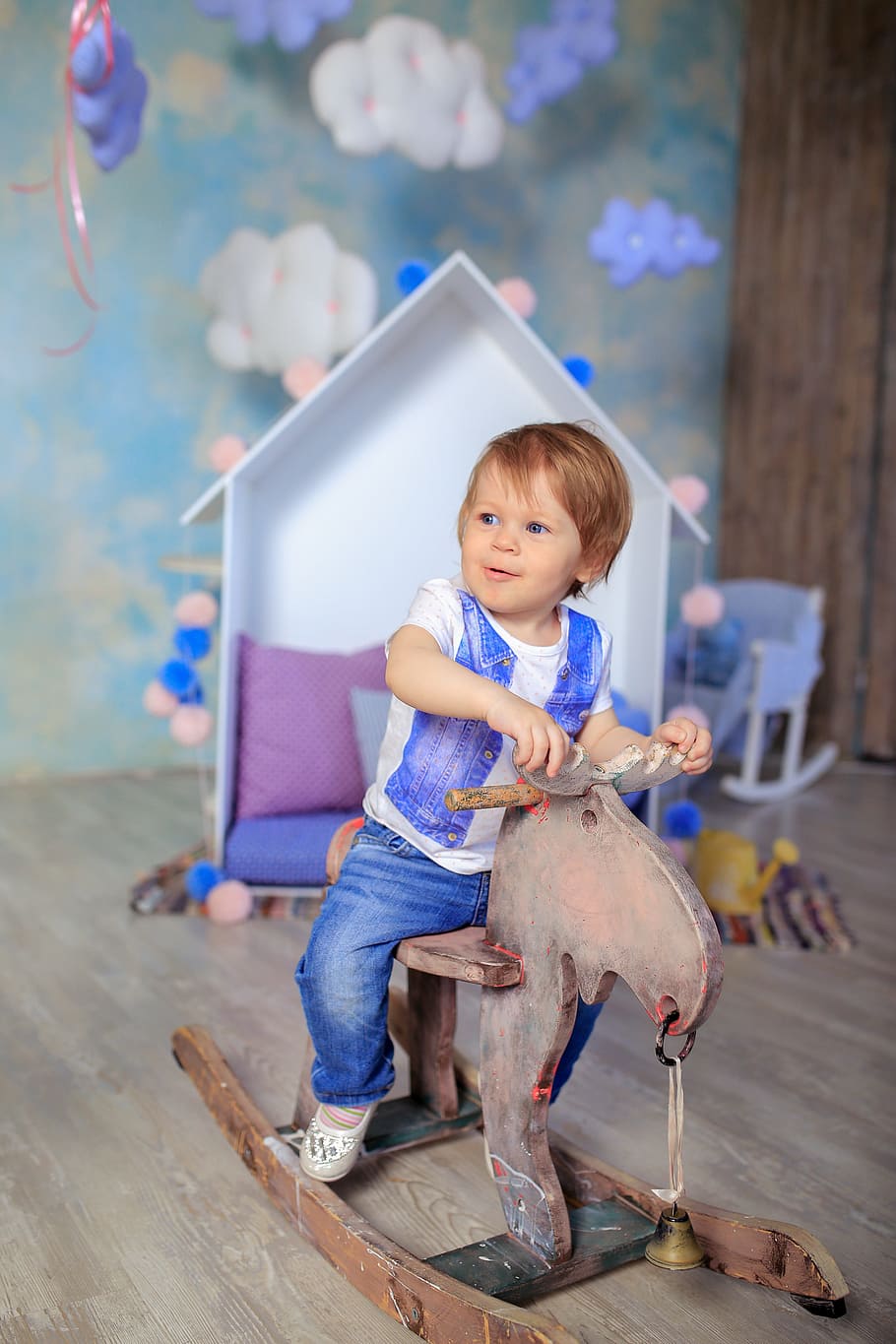 toddler, riding, rocking horse, white, wooden, dollhouse, baby, happy, joy, childhood