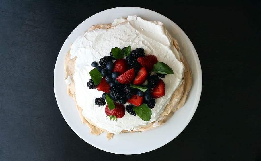cake, strawberries, blackberries, mixed berries, pavlova, pie, sweet, whipped cream, meringue, mint