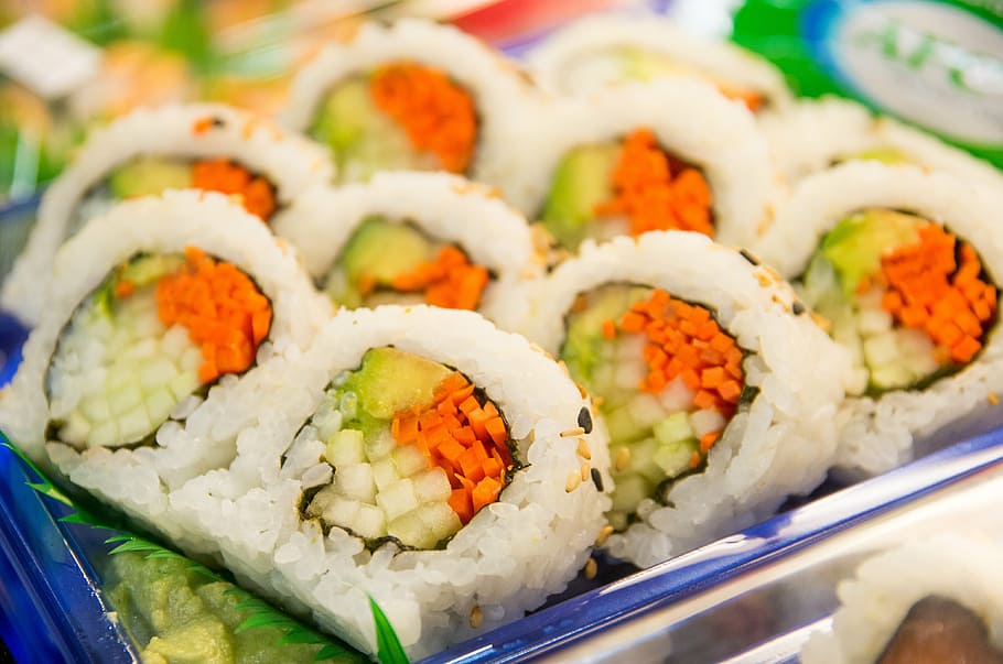 azul, recipiente, sushi, rolo, peixe, japonês, frutos do mar, comida, arroz, fresco