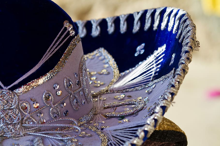 close-up photo, white, blue, sequin hat, close-up, sequin, hat, sombrero, mariachi, mexican