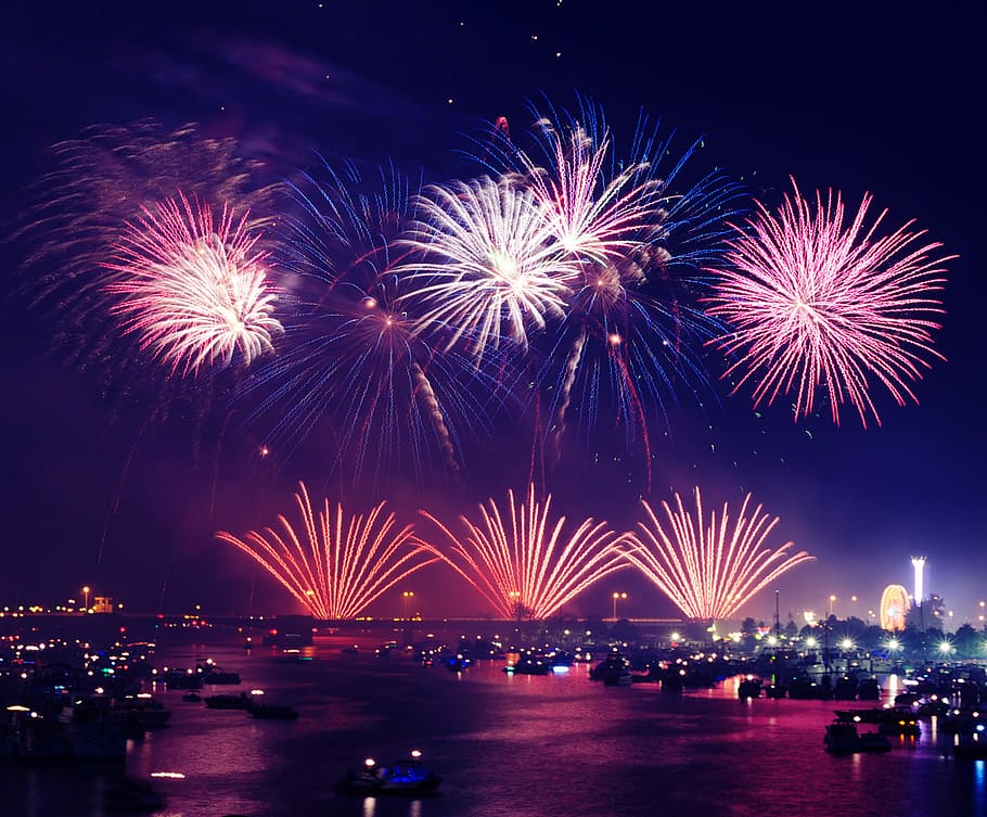 night sky, Fireworks, Dubai, UAE, explosions, photos, public domain, united arab emirates, water, celebration