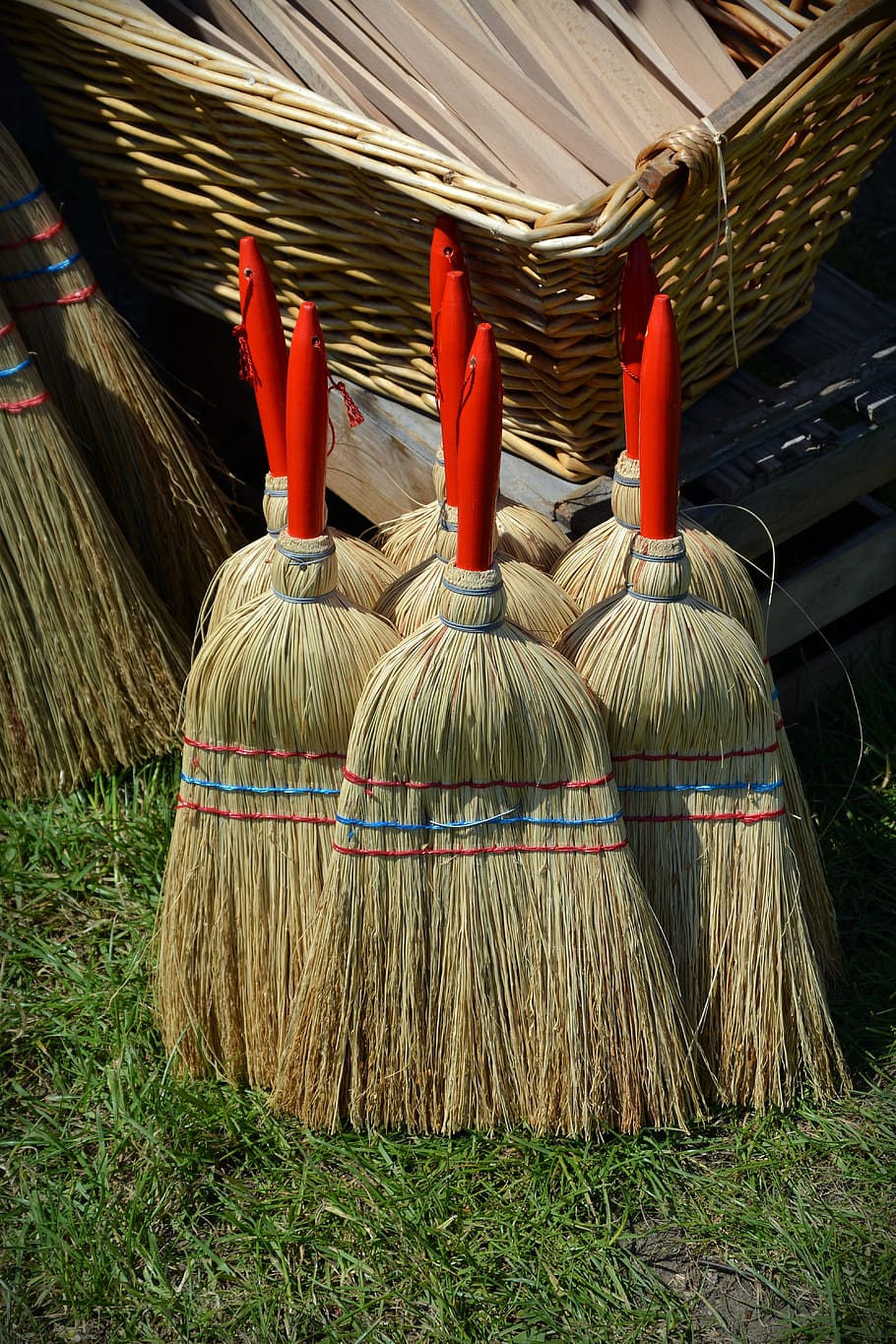 pile of broomsticks, broom, hand brush, clean, return, sweep, broom bristles, bristles, dirty, brush up