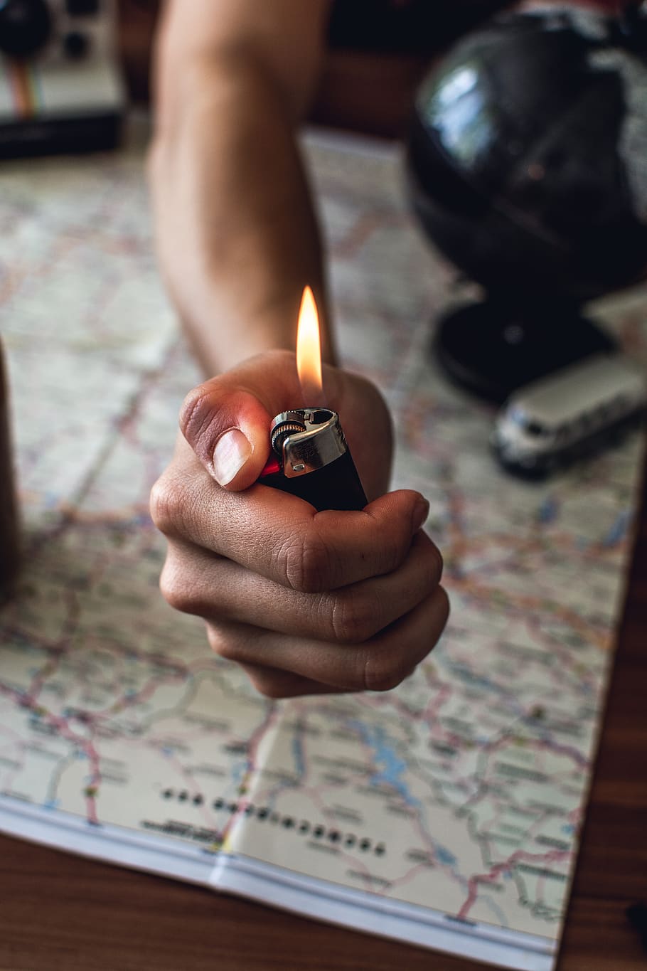 lighter, keep, hand, travel, travel map, human hand, fire, burning, holding, flame