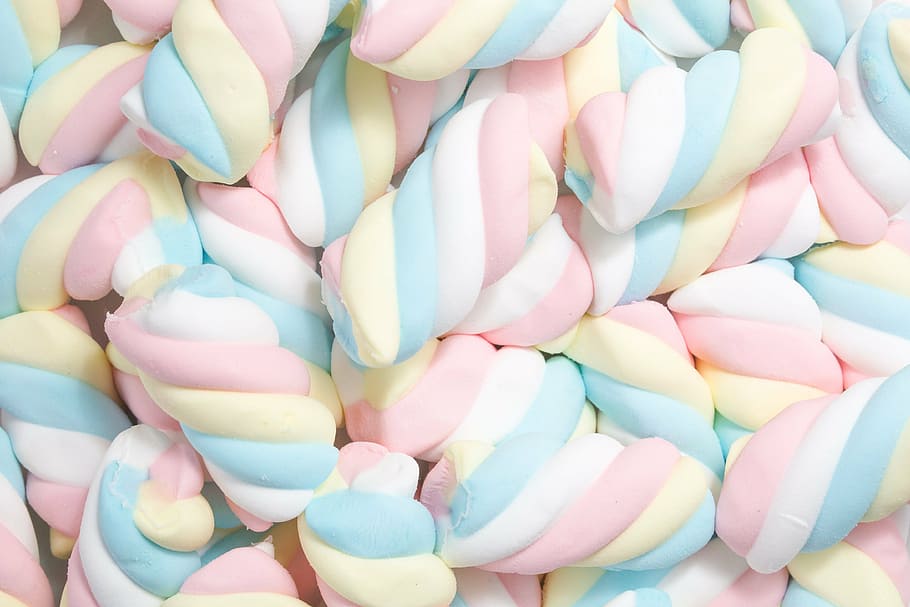 bunch ofmarshmallows, marshmallow, fluffy, sweet, spiral, pastel, colors, multi colored, sweet food, candy