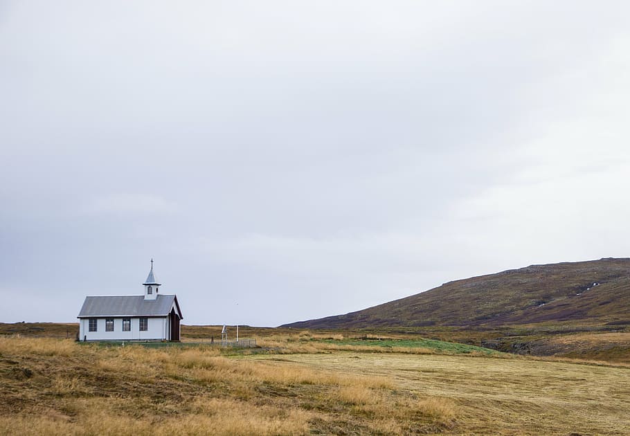 white, house, empty, field, gray, sky, blue, daytime, highland, grass