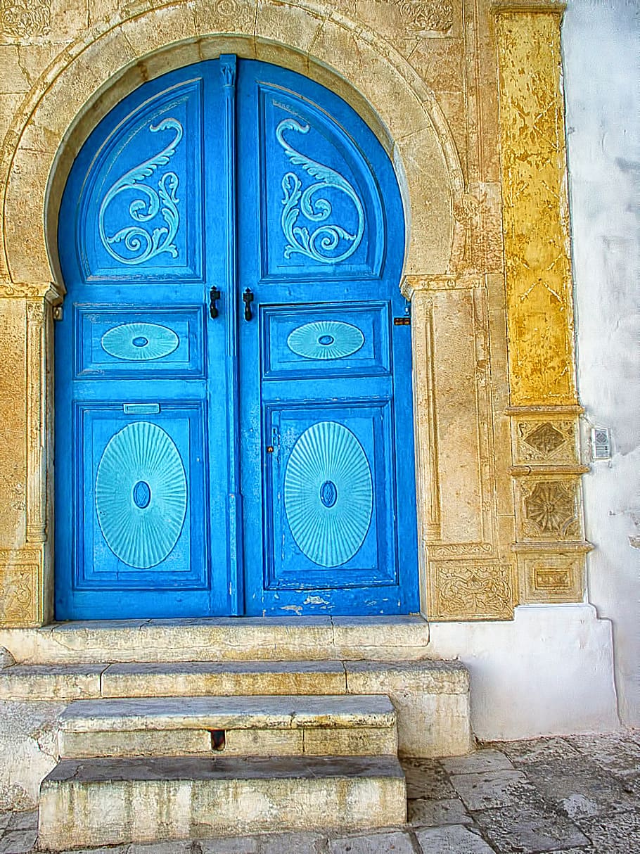 pintu, biru, indah, kata sidi bou, tunisia, republik tunisia, arsitektur, struktur yang dibangun, pintu masuk, eksterior bangunan