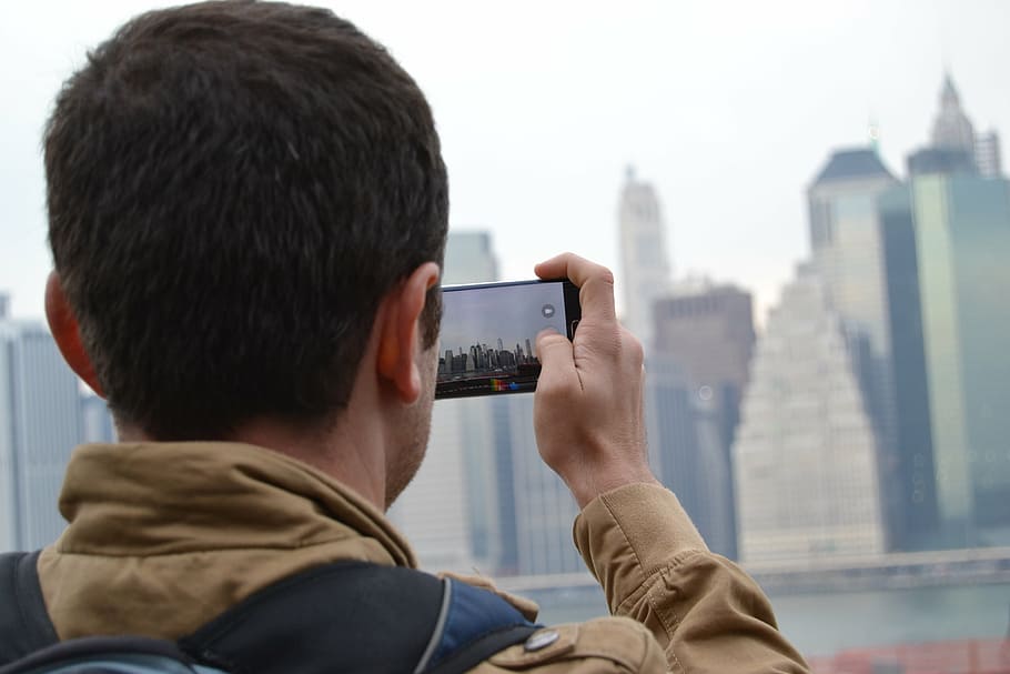 Nueva York, turista, horizonte, foto, hombres, teléfono móvil, fotografiar, al aire libre, ciudad, teléfono inteligente
