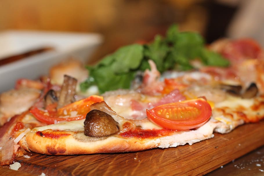 sliced, pizza, brown, wooden, board, italian, food, meal, cuisine, gourmet