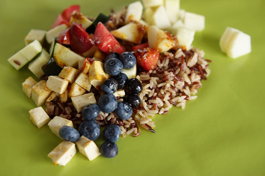 poke bowl, mixed food, blueberries, rice, food, eating, food and drink, fruit, healthy eating, freshness