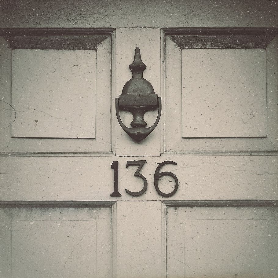 grey, steel door knocker, 136 door number, door, knock, entrance, knocking, home, house, knocker