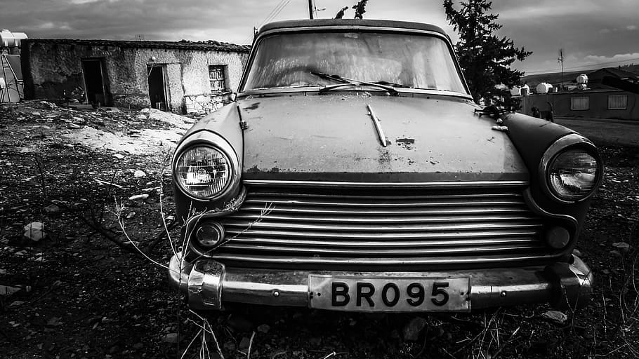 grayscale photography, classic, car, old car, rusty, abandoned, antique, wreck, broken, aged