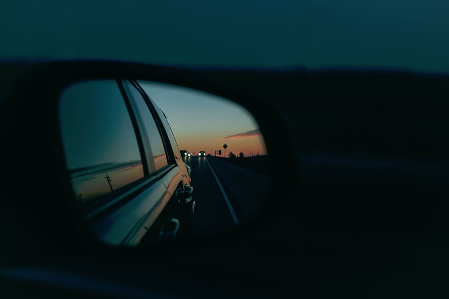 person, taking, wing mirror, car, vehicles, side, mirror, reflection, sky, clouds