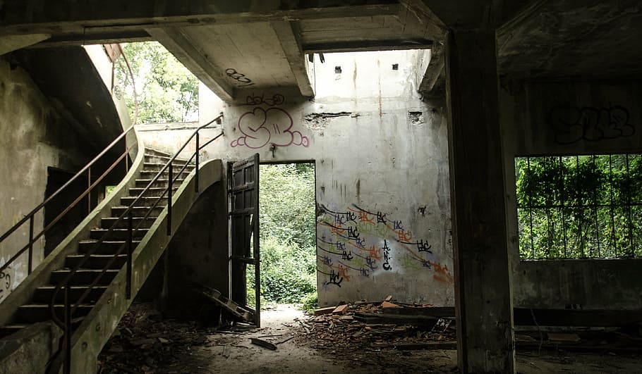 gray, metal stair, door, ruin, leave, destroyed, broken, dirty, building, factory