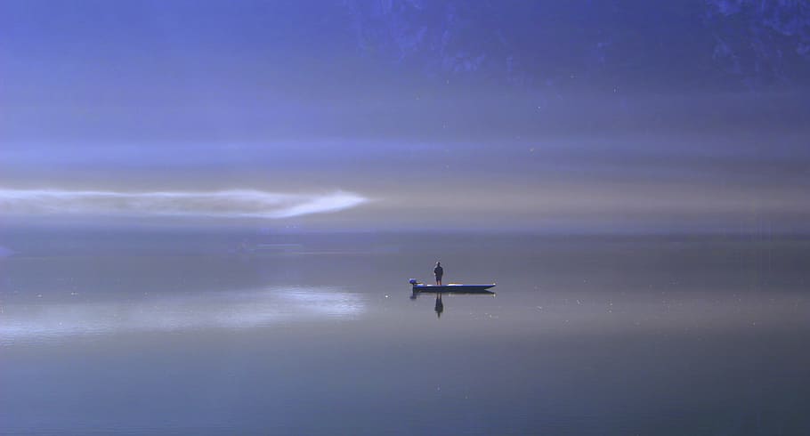 lake, water, fog, ship, mirroring, boot, fischer, romantic, transportation, sky