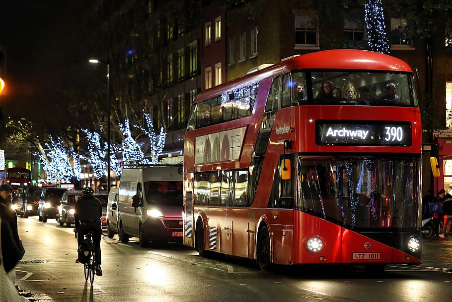 london, bus, night, christmas, bicycle, urban, lights, city, mode of transportation, illuminated