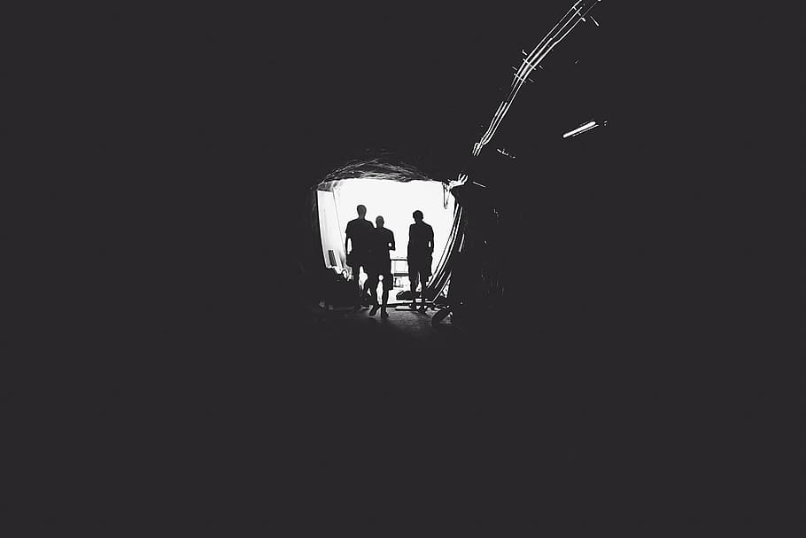 silhoutte, men, entry, cave, silhouette, three, people, tunnel, black and white, entrance