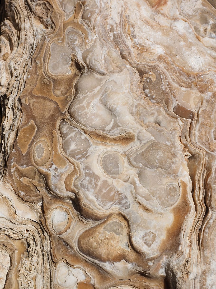 closeup, brown, geode, stone, rock, sinter, deposits, layer, quartz, crystalline