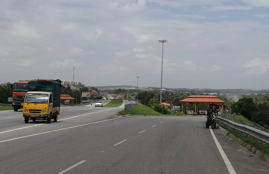 highway, interchange, slip road, tax check, toll gate, city, transport, road, bangalore, india