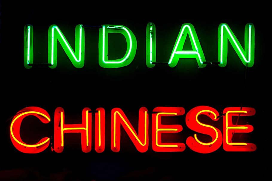 verde, vermelho, indiano, cozinha, néon, luz, sinalização, asiático, tirar, preto