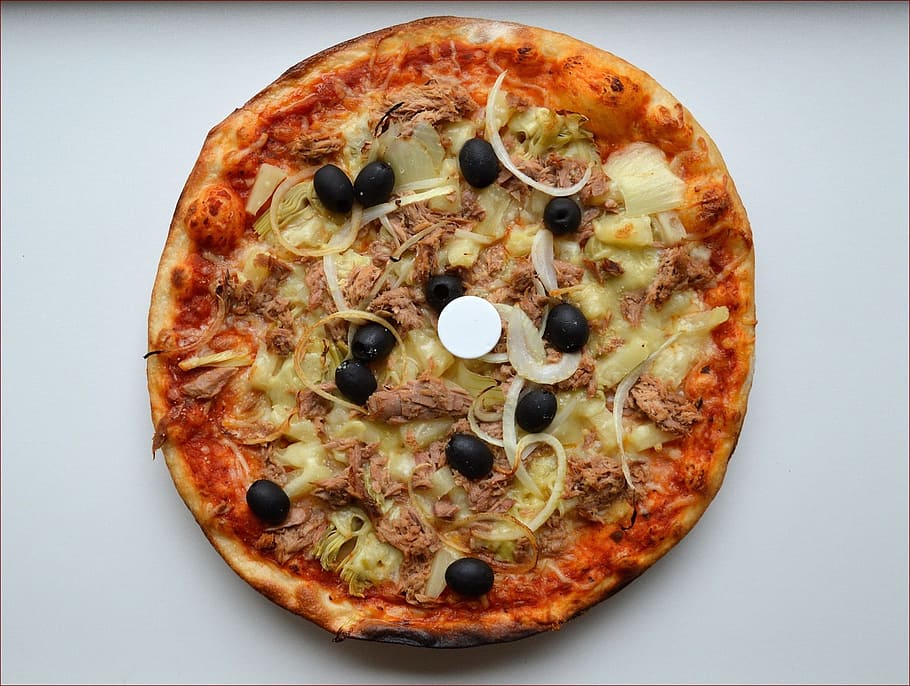 pizza, piña, top, entero, al horno, vegetales, coberturas, anchoa, comida, almuerzo