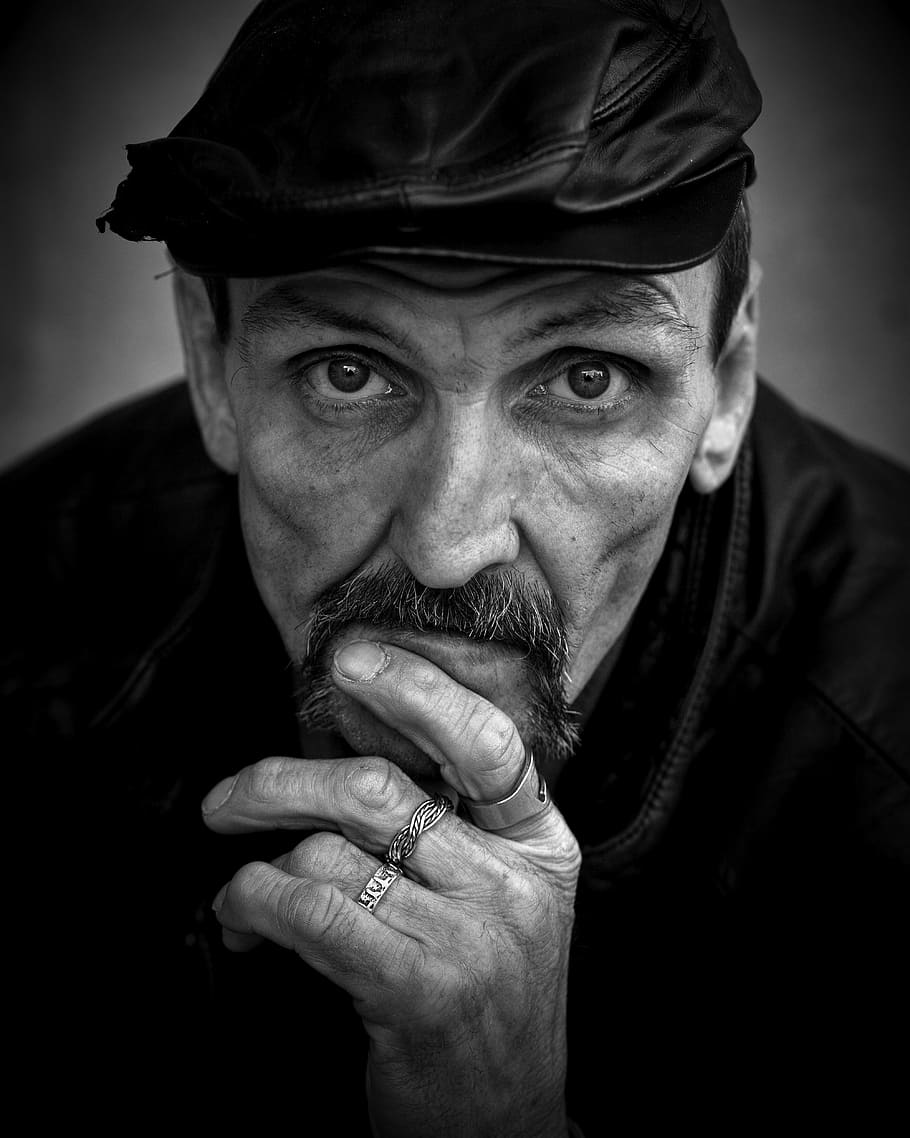 grayscale photo, man, leather, flat, cap, homeless, male, b w, person, people