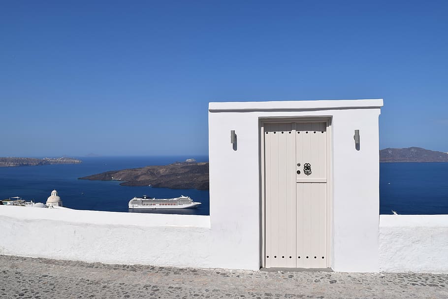 blanco, barco, cuerpo, agua, durante el día, santorini, grecia, puerta, islas Cícladas, mar