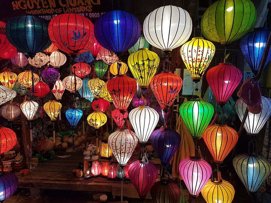 una variedad de linternas de globos, hoi an, vietnam, mercado nocturno, linterna, multicolor, equipo de iluminación, colgante, decoración, elección