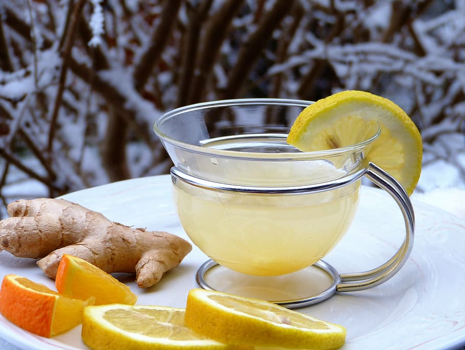 lemon juice, filled, clear, glass mug, lemon, ginger, orange, snow, hot, drink