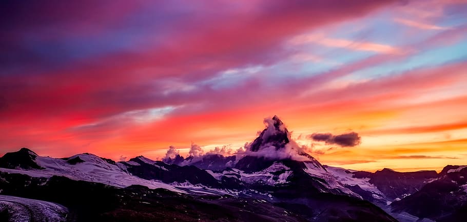 mountain painting, matterhorn, mountains, sunset, dusk, snow, winter, panorama, sky, clouds