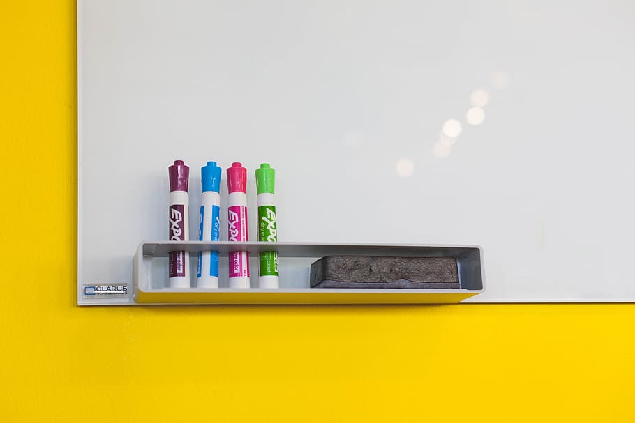 four, color markers, eraser, white board, markers, startup, start-up, presentation, marker, white