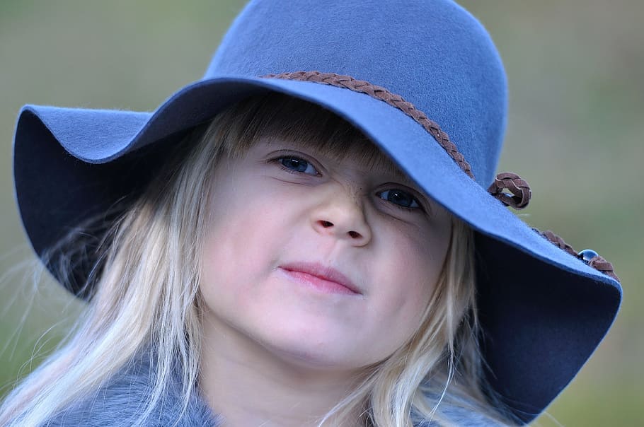 girl, wearing, blue, hat, smiling, child, blond, face, questionable, question