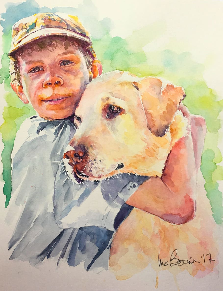 少年, 犬, 肖像画, ペット, 動物, 陽気, 子供, 水彩, 絵画, カラフル