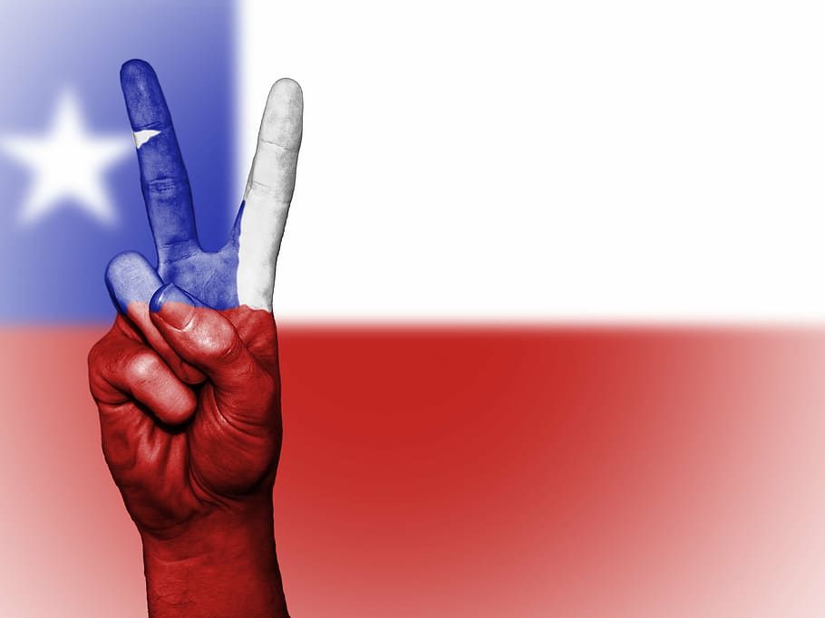 pessoa, fazendo, gesto de paz, Chile, chileno, nação, plano de fundo, bandeira, cores, país
