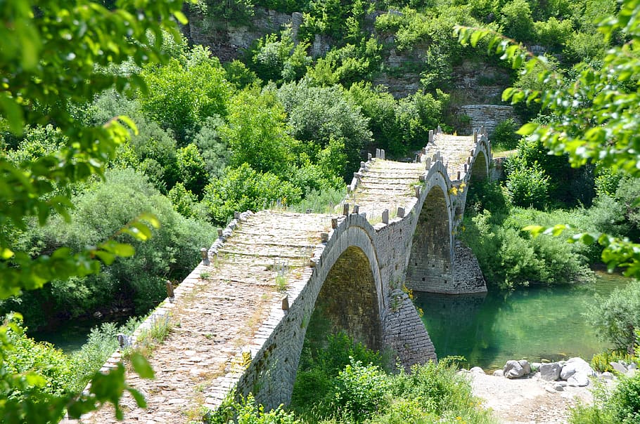 brown, brick bridge, surrounded, trees, bridge, stone arch bridge, nature park villa aoos, zagoria, greece, plant