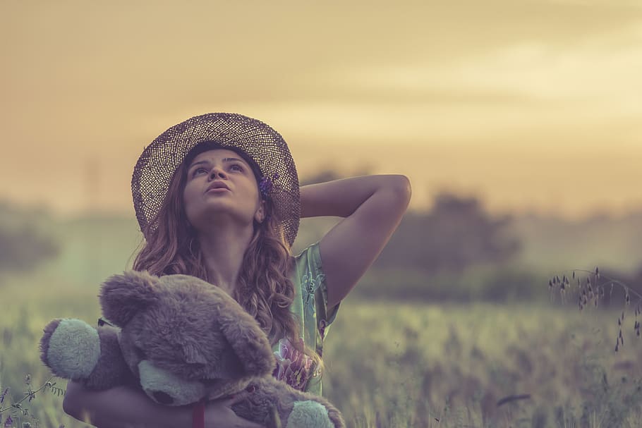 people, girl, woman, teddy, bear, toy, hat, outdoor, clothing, portrait