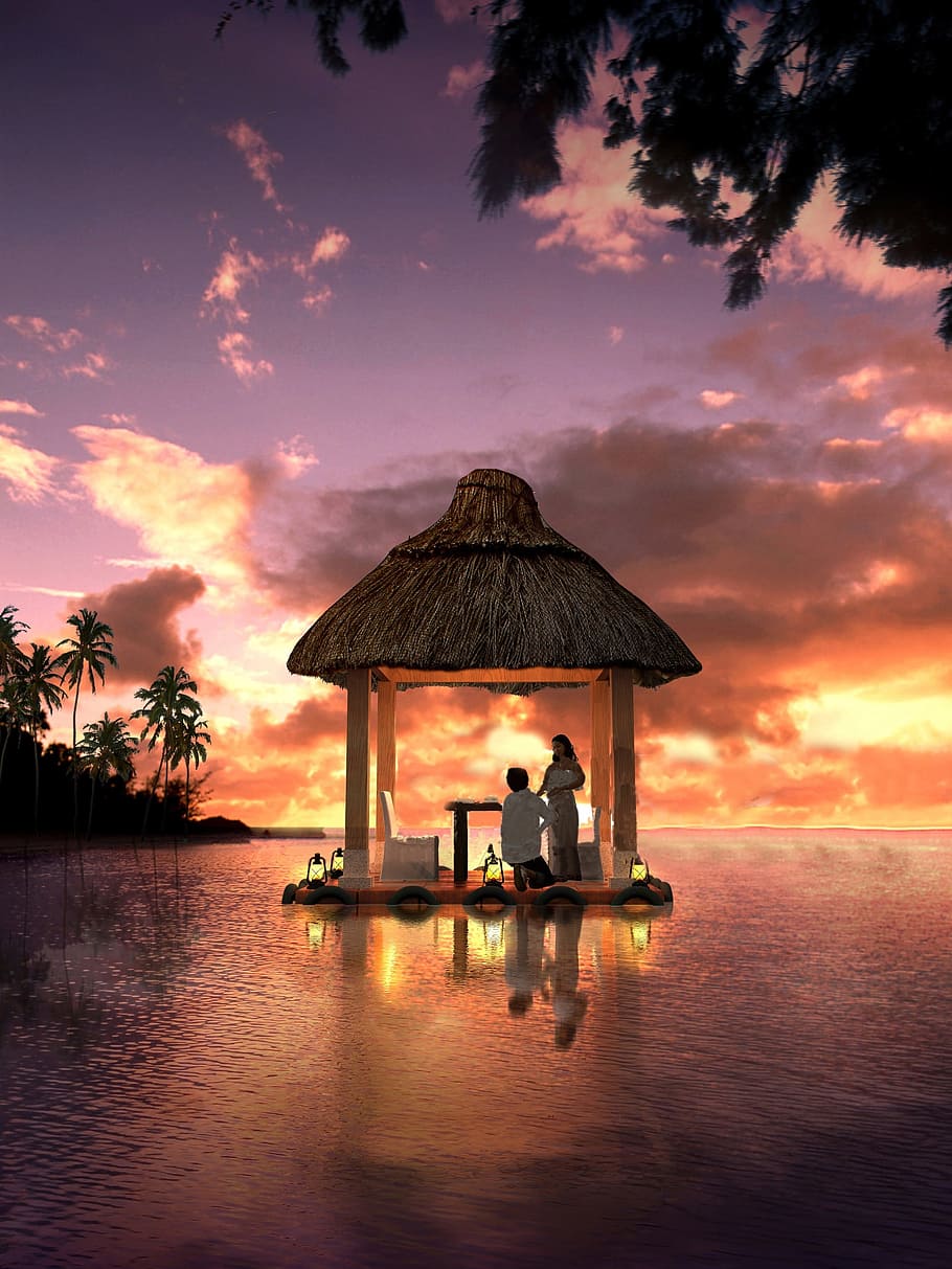 Grass, Pavilion, Lake, Wedding, grass pavilion, lake, sunset, reflection, cloud - sky, water, one person