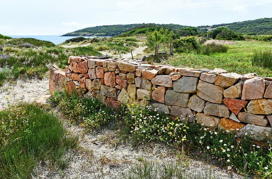 hormigón, pared de ladrillo, campo de hierba, costa, paisaje costero, mar, pared, bloques de granito, flores, colinas