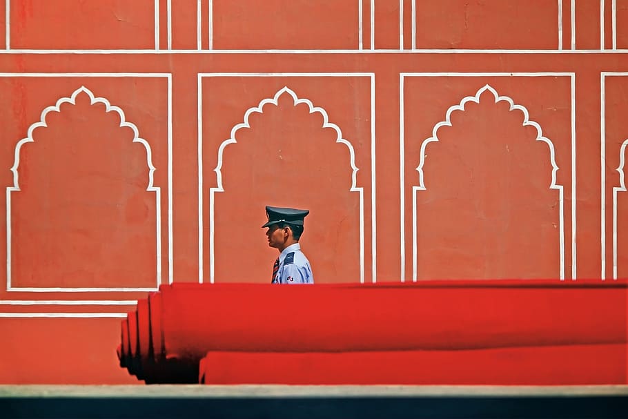 red, wall, carpet, man, guard, india, palace, travel, jaipur, hat