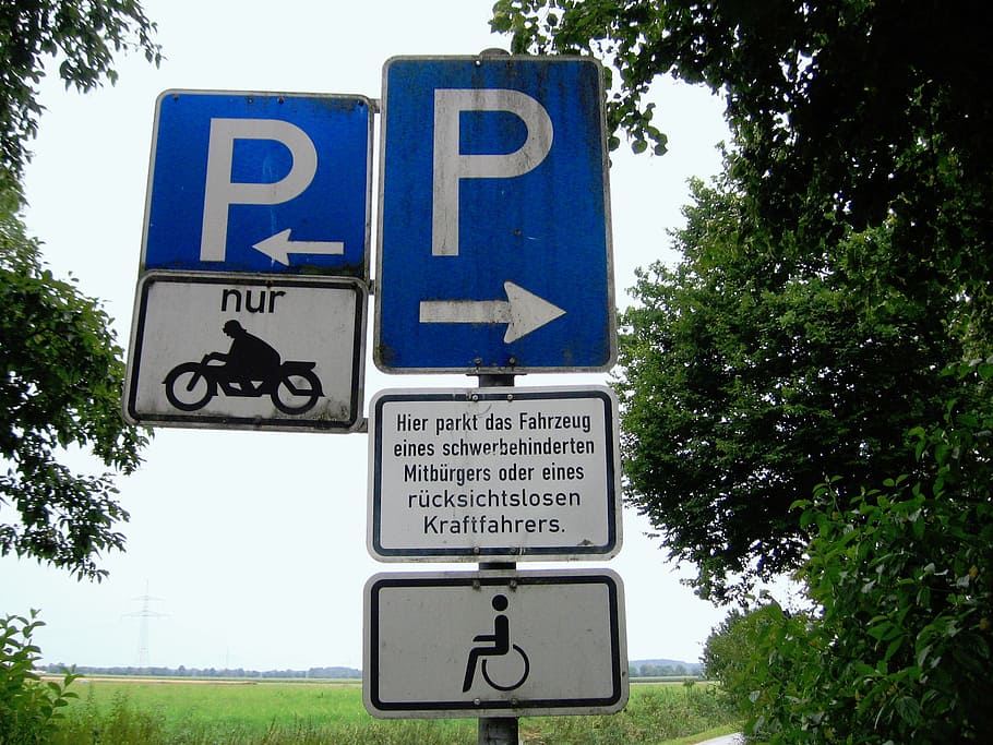 traffic sign, road sign, parking, wheelchair, disabled, taking into account, consideration, tree, sign, text