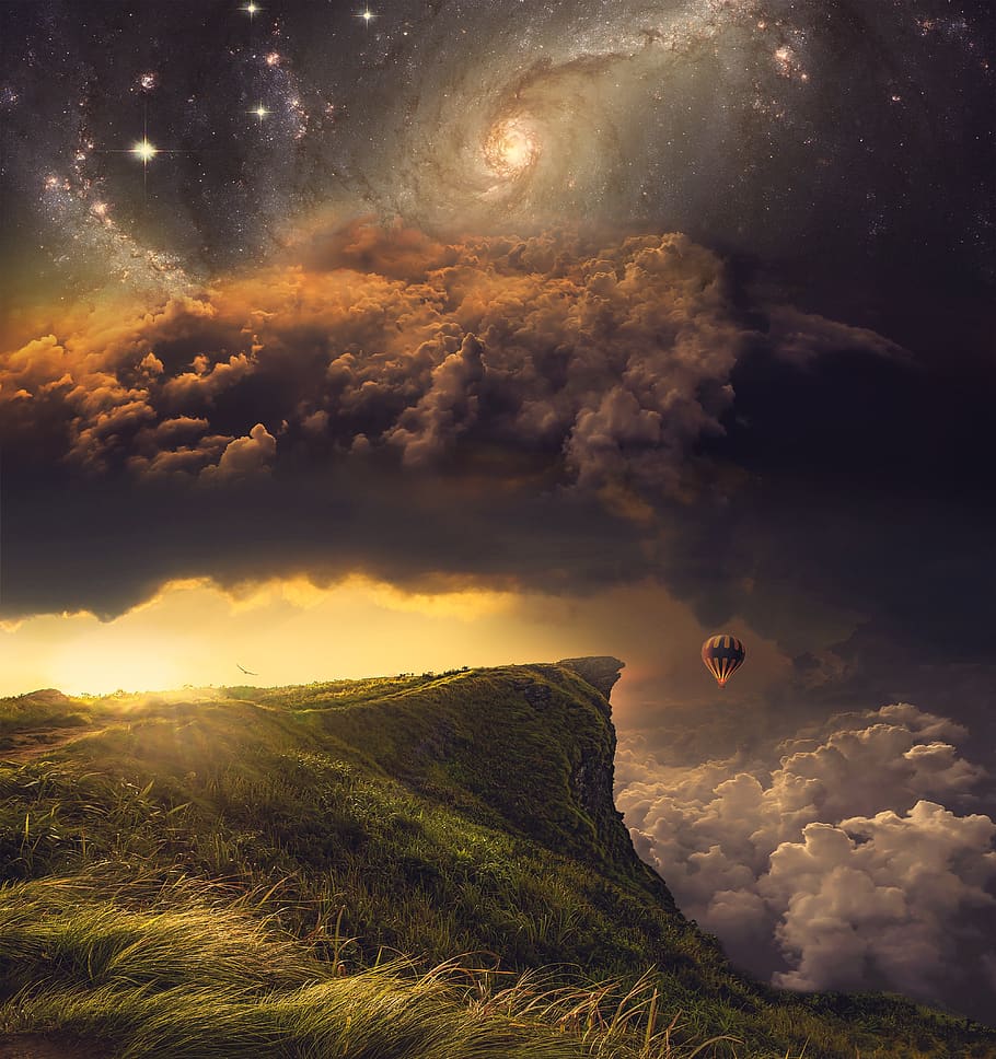 balloon, galaxy, cliff, manipulation, journey, mountain, sky, cloud - sky, beauty in nature, scenics - nature