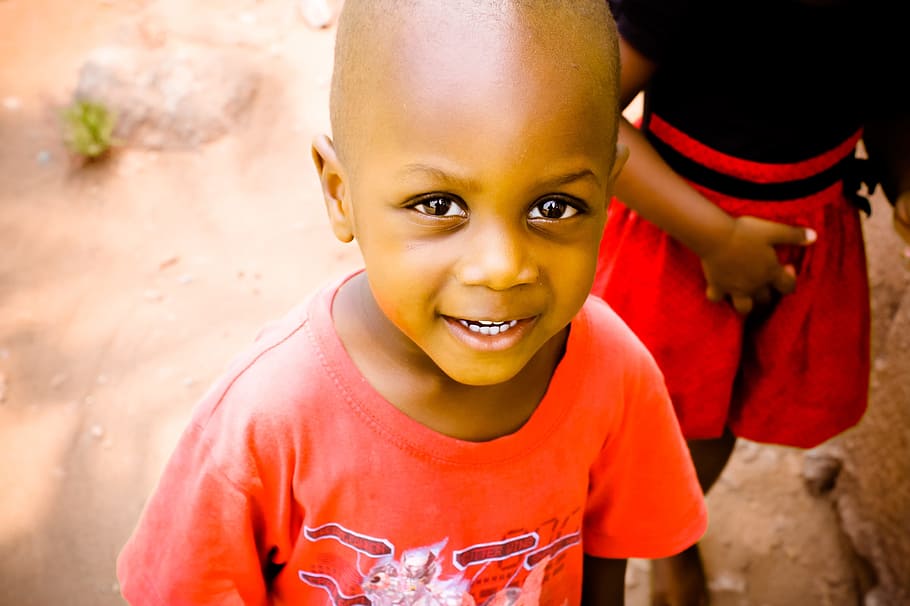 boy, wearing, red, crew-neck t-shirt, african child, black child, child, face, african, africa