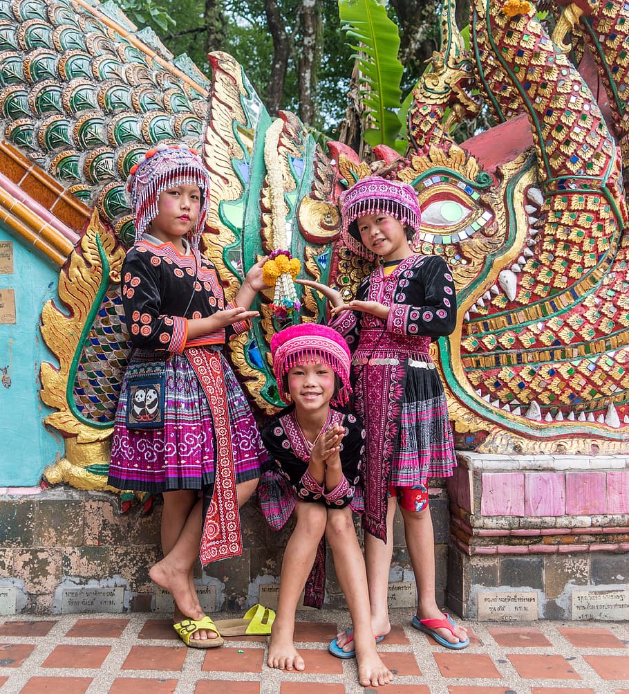 three, children, standing, front, wall, chiang mai, people, person, children girls, thailand