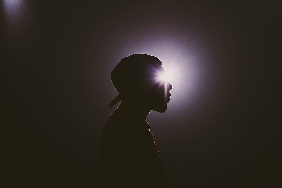 silhouette, man, wearing, cap, standing, dark, room, male, shadow, profile