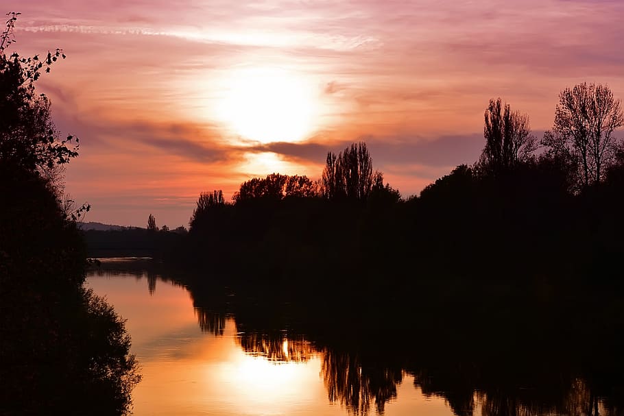 sunset, river, nature, germany, bayern, landau an der isar, bridge, city, landscape, sky