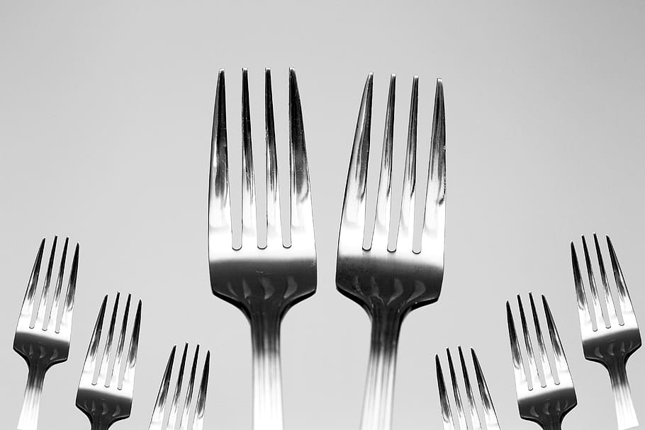 silver forks, fork, utensils, kitchen, food, restaurant, knife, dinner, set, cooking